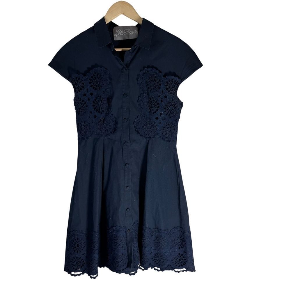 Lela Rose Women's Navy‎ Poplin Lace Inset Cap Sleeve Button Front Dress Sz 6